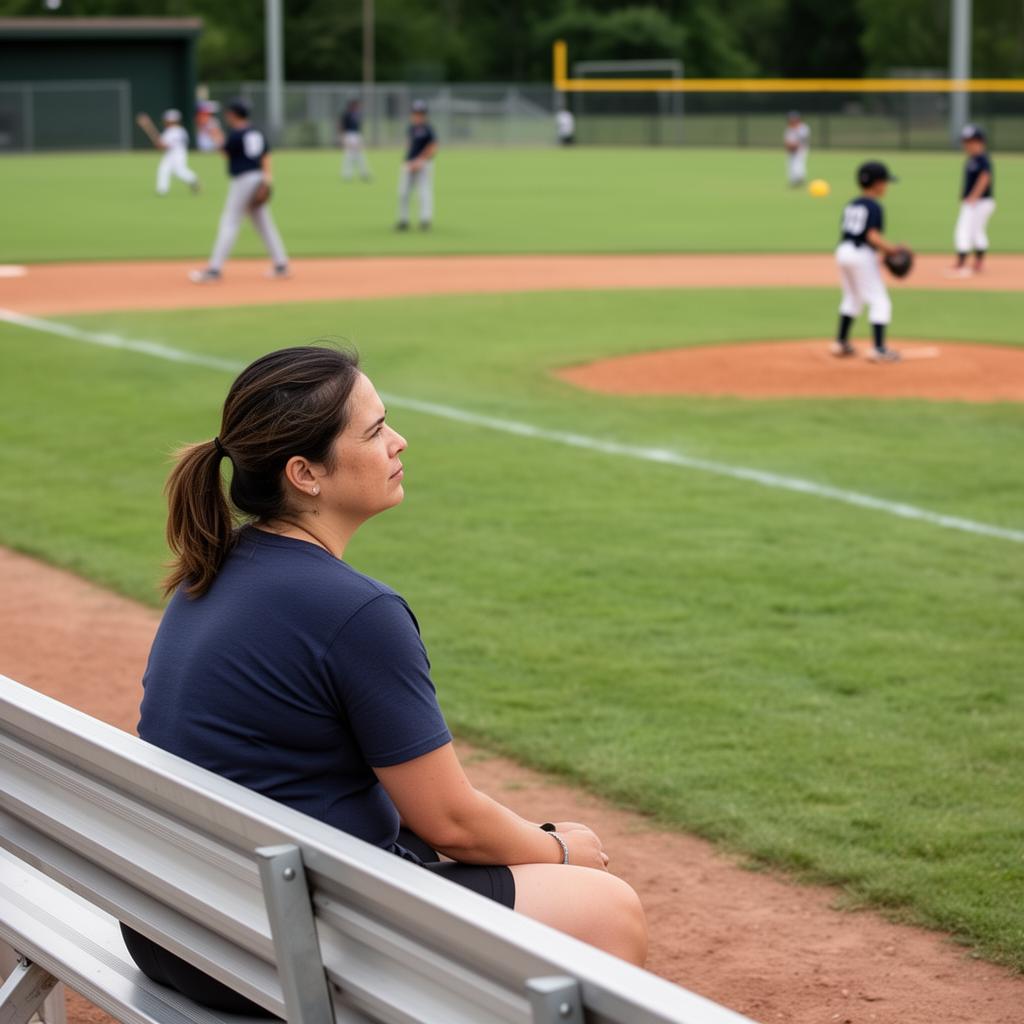 Parent watching their young baseball player from the sideline during practice or a game