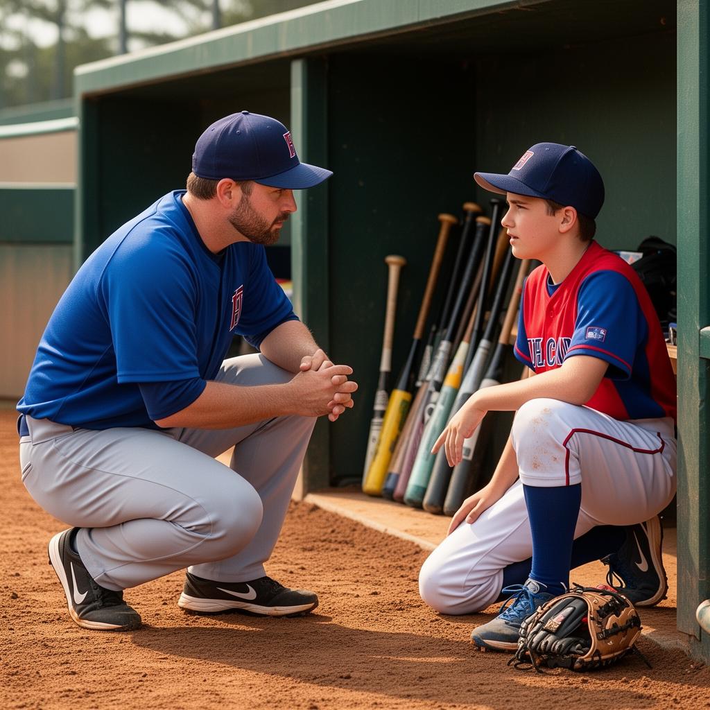 Baseball coach kneeling with a young athlete in a dugout discussing the game