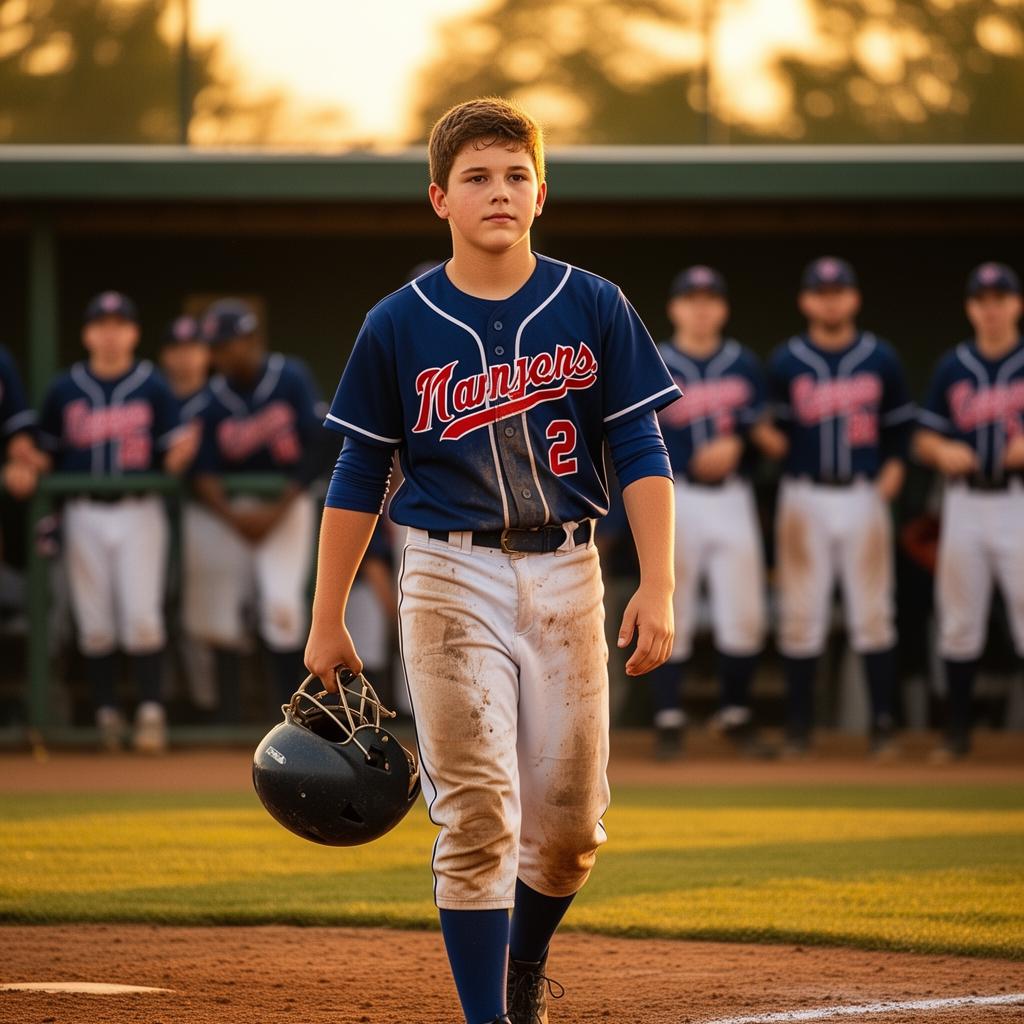 Young baseball player walking off the field after a game with a sense of accomplishment