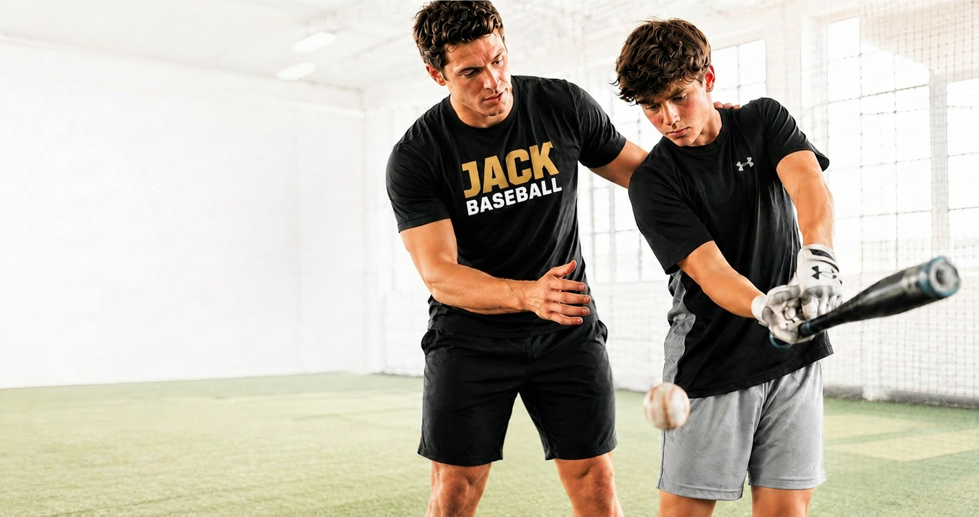 JackBaseball homepage hero showing a professional coach mentoring a young athlete in an indoor batting facility