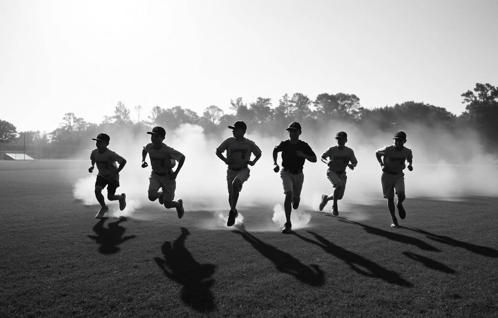 Young players running drills on a sunlit field