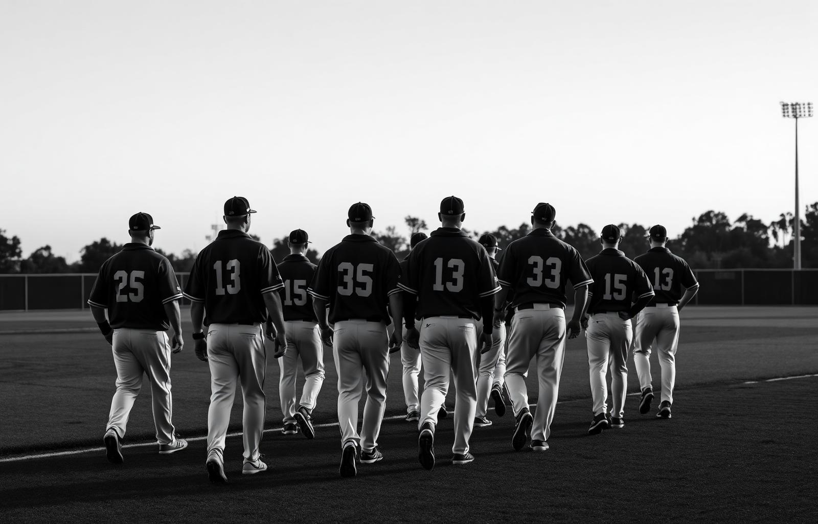 Team walking onto a field at dawn