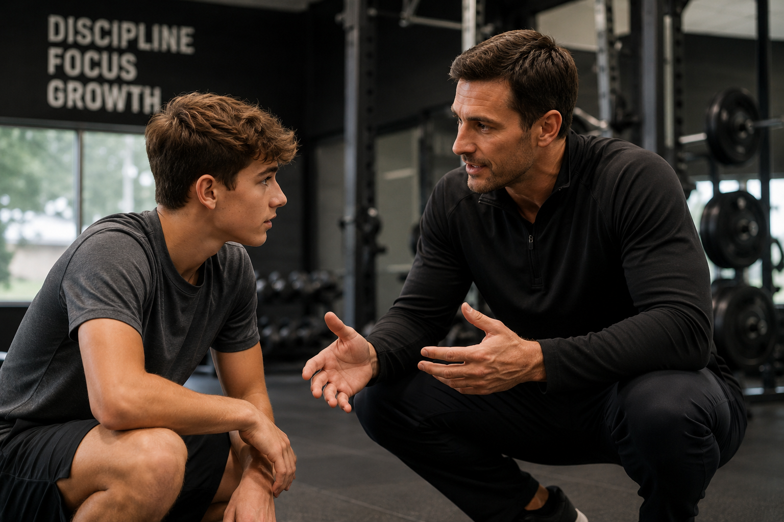Present-day Jack kneeling and coaching a young athlete with focused intensity in a training facility